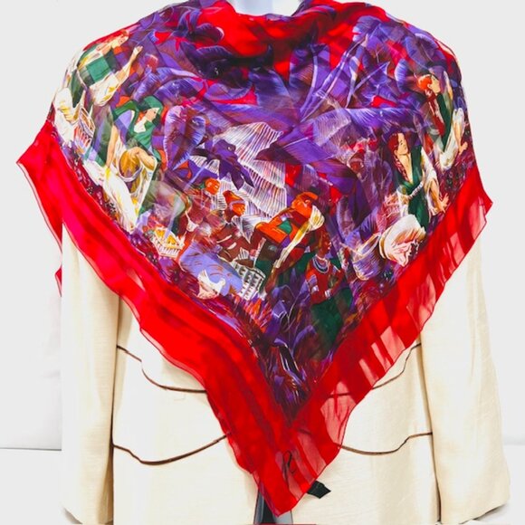 Elegance S.A PARIS   (EE) SCARF 100% SILK  Chiffon Satin  44"x44' Red Floral(32) - Picture 5 of 16